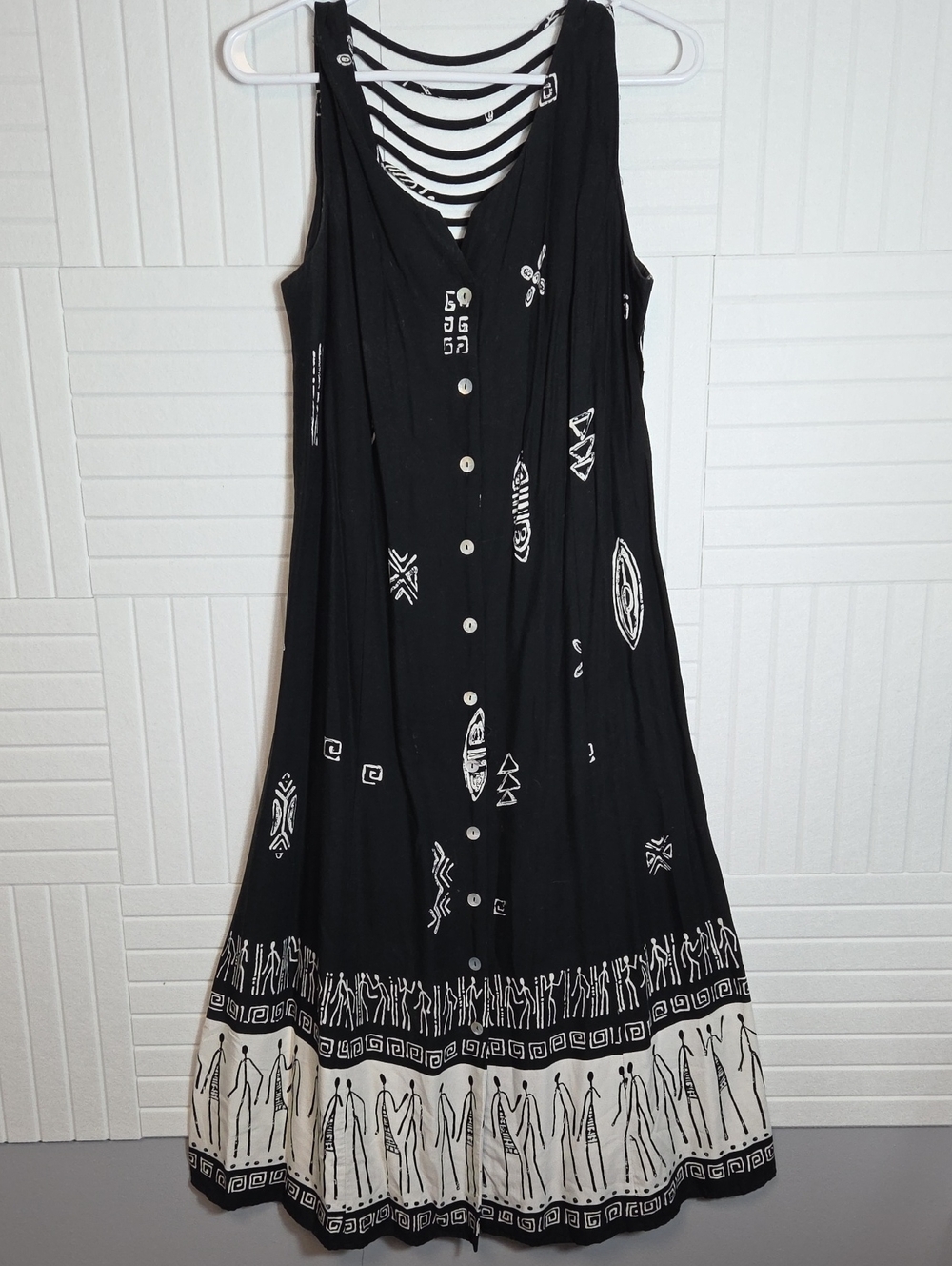 Vintage 90s Coldwater Creek Tribal Print Button Front Midi Dress Caged Back 16P